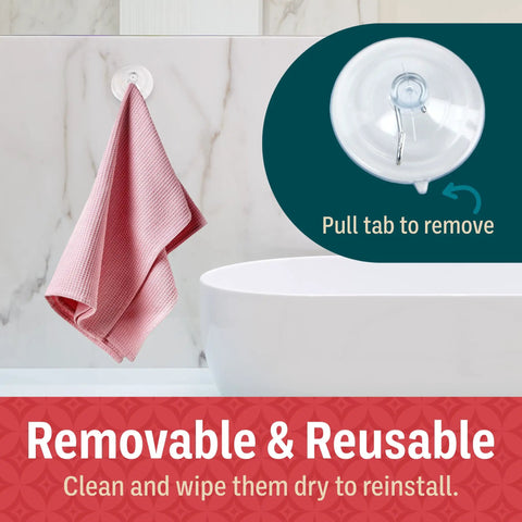 Four Pack Heavy Duty Suction Cup Hooks For Shower Glass Walls Up To Seven Pound Load Ultra Strong Hangers demonstrating removal