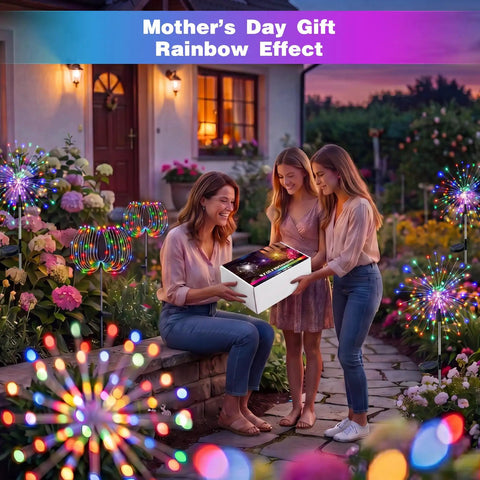 Solar Powered Outdoor Fairy Lights With 8 Modes And 120 Led Firework Effect Multicolor For Garden Yard Path Pool Patio Waterproof Decor Lit Christmas Glow illuminating garden path with women admiring gift box.