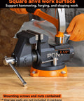 Beefed Up Heavy Duty 4 Inch Bench Vise With 4400 Lbs Clamping Power, 360 Degree Rotating Base and Anvil in use on workbench