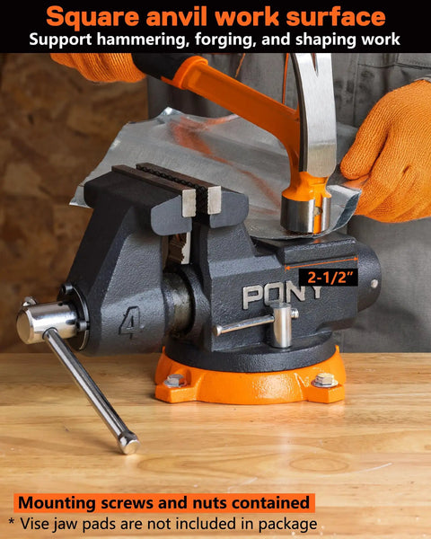 Beefed Up Heavy Duty 4 Inch Bench Vise With 4400 Lbs Clamping Power, 360 Degree Rotating Base and Anvil in use on workbench