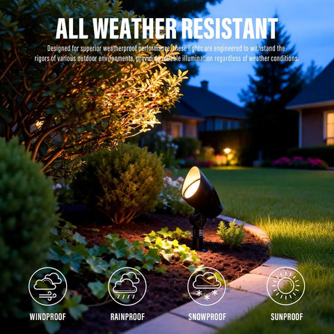 Low Voltage Landscape Spotlights Pro-Grade 50W Halogen Outdoor Garden Lights illuminating yard at dusk, all-weather resistant.