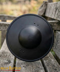 Beefy Battle Ready 11 Inch Small Medieval Buckler Shield With Rolled Rim And Riveted Grip 16 Gauge Mild Steel For LARP on bench