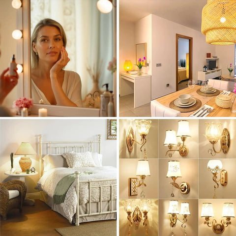Collage of home interiors with Six Pack A15 LED Light Bulbs 60 Watt Equivalent 6.5W Dimmable E26 Soft White 3000K 600 Lumens