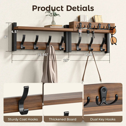 29 Inch Wall Mounted Coat Rack with Swanky Shelf and Heavy Duty Hooks for Entryway Organization Brown storage holder with hooks and shelf.