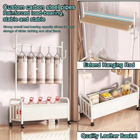 Industrial Metal Clothing Rack On Wheels Freestanding Garment Organizer with carbon steel frame, hangers, and storage basket