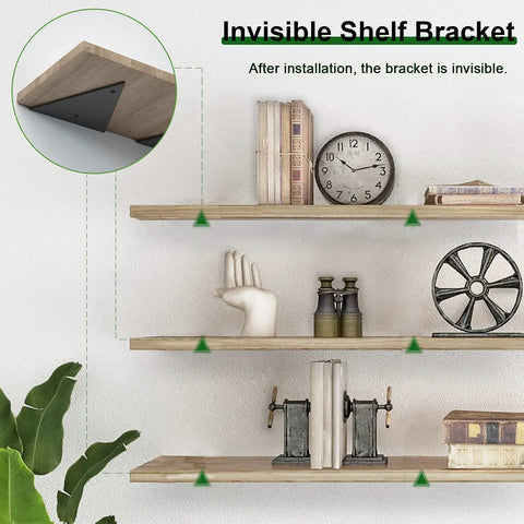 Six Inch Triangle Shelf Brackets Set Of 4 Black Heavy Duty Hidden Floating Shelf Supports, installed on wooden shelves.