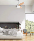 Arcadia 46 Inch White Indoor Ceiling Fan with Dimmable LED Light, frosted alabaster glass, in modern bedroom setting.