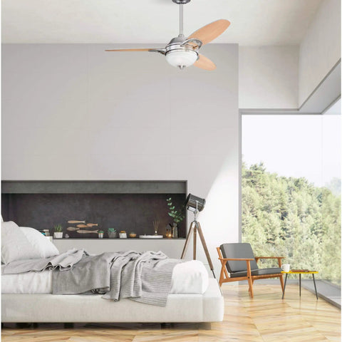 Arcadia 46 Inch Brushed Nickel Indoor Ceiling Fan With Dimmable LED Light Kit, Frosted White Alabaster Glass in modern bedroom
