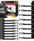 Eight Pack 1 Inch Wide By 10 Foot Ratchet Tie Down Straps Heavy Duty With 900 Pound Break Strength And 300 Pound Working Load Limit Each Easy Release Coated Handles And S Hooks Ideal For Moving Appliances Lawn Equipment And Motorcycles with storage bag and box
