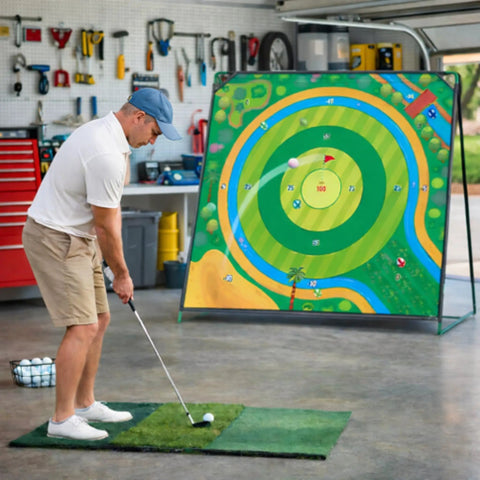 Man practicing golf with Ultra Large 70x70 Inch Golf Chipping Net and turf mat in garage for backyard practice.