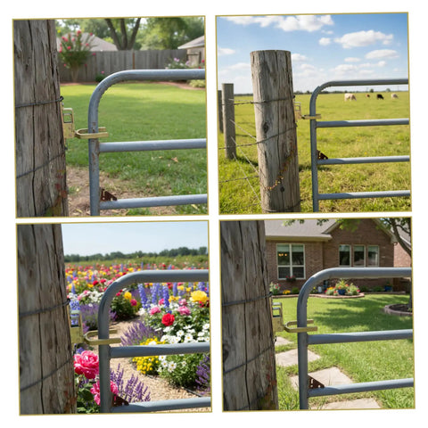 Farm Gate Latch Instant Locking Fence Gate Latch Heavy-Duty One-Hand Gates Locks for Farm, Ranch & Backyard on wooden post side view.