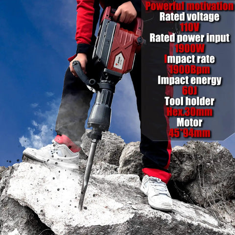 Person using 1900W Demolition Electric Jack Hammer Heavy Duty Concrete Breaker on rock surface outdoors with specs overlay.