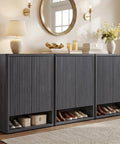 High Capacity Fluted Wooden Shoe Cabinet With Six Tier Hidden Footwear Storage For Entryway featuring sleek doors and visible shoes.