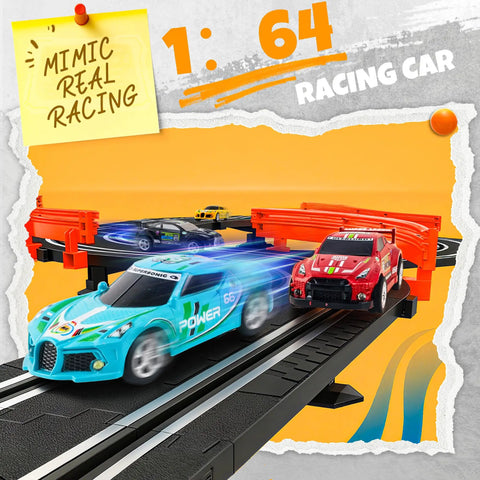 Rad Slot Car Race Track Set With Four High Speed Cars Dual Control System racing on overpass with red and blue cars visible