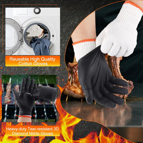 Dual Layer Heat Resistant BBQ Gloves With Nitrile And Cotton Liners 10 Mil Thick Non Slip Grip For Grilling Smoking And Handling Hot Meat Large Black Set, showing use in grilling and washing context.