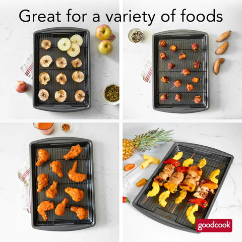 Nonstick 15 x 10.5 inch baking pan with raised wire rack, cooking a variety of foods, multipurpose cookware, easy cleanup, dishwasher safe