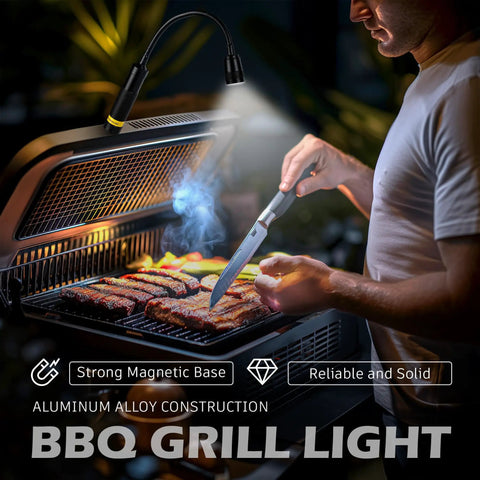 Person using LED Work Light With Magnetic Gooseneck, 500 Lumen Brightness, Beat The Dark Zoomable Flexible Flashlight on BBQ grill