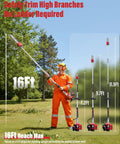 Person using gas powered pole saw with 16 ft reach no ladder needed 3.5 HP 48cc engine 11.8 inch bar for tall trees trimming.