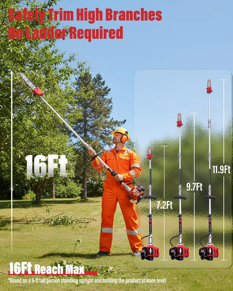 Person using gas powered pole saw with 16 ft reach no ladder needed 3.5 HP 48cc engine 11.8 inch bar for tall trees trimming.