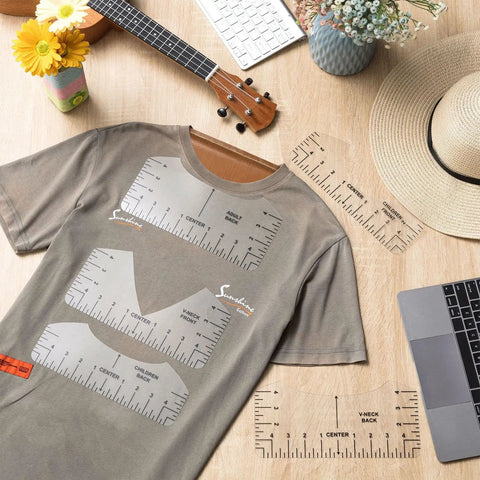 Dope Heat Press Pillow Kit 18 Pieces With 4 Size Pillows, T-shirt rulers, and accessories on a desk with a beige shirt.