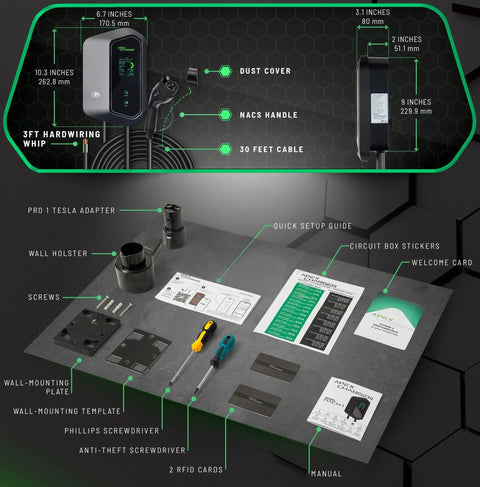 Fast 48 Amp Level 2 EV Charger For Home Hardwired Wall Mount EVSE with setup guide and installation tools displayed