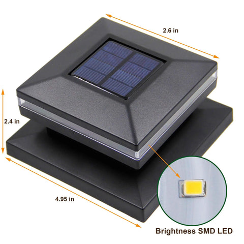 Solar Post Lights 15 Lumen Outdoor Cap Lights showing black solar panel and LED close-up, fits 4x4 or 6x6 wood posts