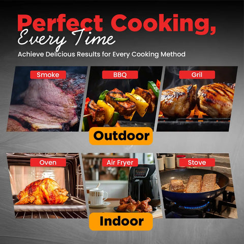 Image showing perfect cooking results for various methods including smoke, BBQ, grill, oven, air fryer, and stove.
