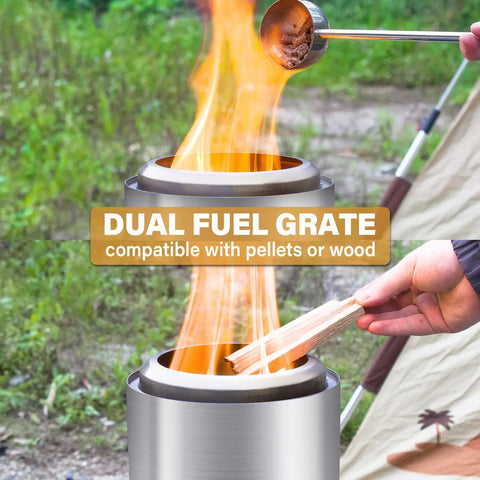 Dual fuel grate being used with smokeless fire pit outdoors, shown with burning pellets and wood for camping setup.