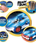 Sonic Glow Racer RC Car Ready To Run 1 24 Scale with light up body, turbo boost LEDs, and rechargeable USB for night racing fun.