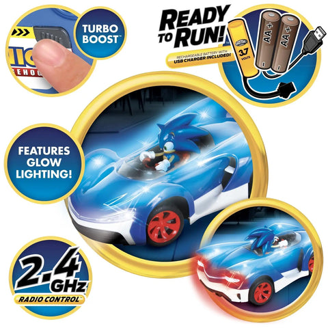 Sonic Glow Racer RC Car Ready To Run 1 24 Scale with light up body, turbo boost LEDs, and rechargeable USB for night racing fun.