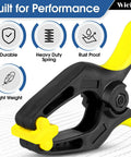 Front view of a 6-inch heavy-duty plastic spring clamp, pack of 4 with yellow handles and 3-inch mouth opening.