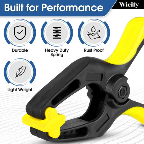 Front view of a 6-inch heavy-duty plastic spring clamp, pack of 4 with yellow handles and 3-inch mouth opening.