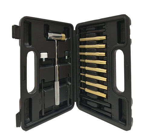 Pro Grade Interchangeable Punch Set With Four Head Hammer For Gunsmithing And Maintenance in open black case.