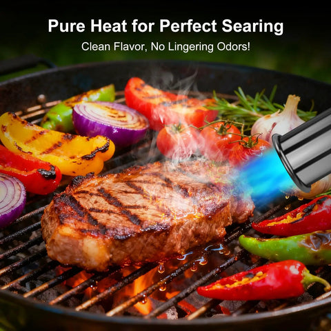 Heavy Duty Propane Culinary Torch For Grilling, Searing, Sous Vide, Camping And Welding - steak and vegetables on grill