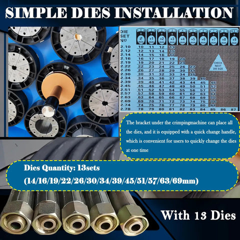 Pro Grade Electric Hydraulic Hose Crimping Machine With 13 Piece Die Set For 0.55 To 2.72 Inch Tubing showing 13 die sizes and tools.