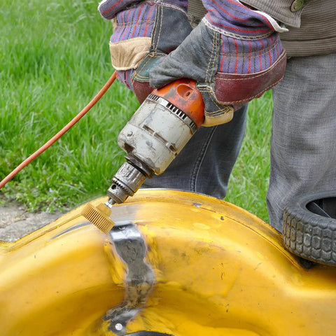Person using drill with 12 Piece 2 Inch Abrasive Bristle Disc Go-To Set For Drill With 50 80 120 Grits, 1/4 Inch Shank Attachment.