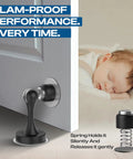 Grip Tight Magnetic Door Stops No Hassle Drilling With Dependable 3M Adhesive Tape To Keep Entryways Open, compact black door stop with spring buffer.