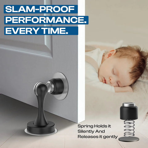 Grip Tight Magnetic Door Stops No Hassle Drilling With Dependable 3M Adhesive Tape To Keep Entryways Open, compact black door stop with spring buffer.