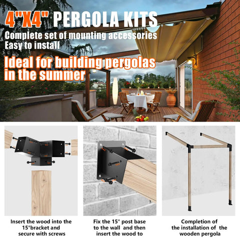 15 Degree Slanted Roof Pergola Brackets Kit, 3 Way Right Angled Corner Brackets With Wall Mount Post Base For 4x4 Posts, Outdoor Pergolas Gazebos Porches, Heavy Duty Steel, Black Galvanized Matte Finish, Built Tough, 4 Pack