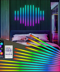 12PCS RGB+IC Led Recessed Lighting Kit Wall Panel Lights (22"+35"+54") in a modern bedroom above a bed.
