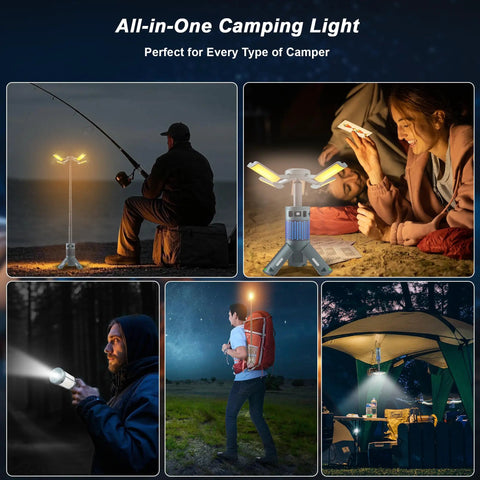 Rechargeable Telescopic Camping Lantern With Stand And Magnetic Base 12000mAh Power Bank RGB Lighting in various outdoor settings
