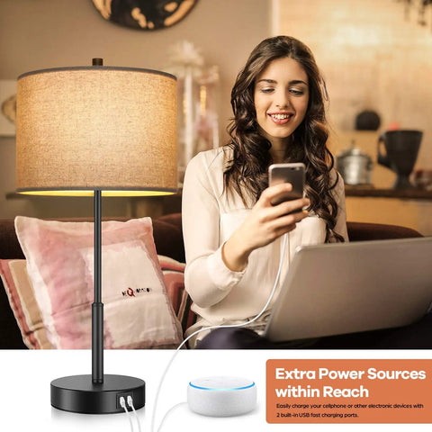 Set Of 2 Tall Touch Control Lamps With USB Ports, 3 Way Dimmable Bedside Nightstand Lights, 22.5 Inch Tall With Beige Fabric Shades