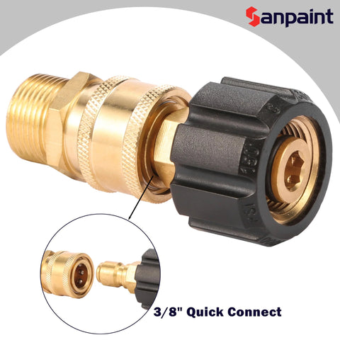 Sanpaint pressure washer quick-connect fittings, M22 14mm to 3/8 in, brass with black collar, 2 pieces