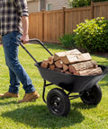 Person using Dual Wheel Wheelbarrow With 14 Inch Pneumatic Tires 330 Lb Capacity Heavy Duty Workhorse Garden Cart for moving wood