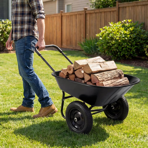 Person using Dual Wheel Wheelbarrow With 14 Inch Pneumatic Tires 330 Lb Capacity Heavy Duty Workhorse Garden Cart for moving wood