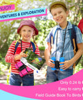 Kids Binoculars For Outdoor Adventures That Are Totally Fun, Great For Bird Watching, Camping, And Hiking, Designed For Ages 4 5 6 7 8, Ideal Gift For Girls And Boys, Lightweight Easy Grip, Real Optics, Durable Toy For Curious Explorers. Two children outdoors with pink and blue kids binoculars and bird guide