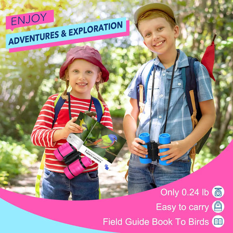 Kids Binoculars For Outdoor Adventures That Are Totally Fun, Great For Bird Watching, Camping, And Hiking, Designed For Ages 4 5 6 7 8, Ideal Gift For Girls And Boys, Lightweight Easy Grip, Real Optics, Durable Toy For Curious Explorers. Two children outdoors with pink and blue kids binoculars and bird guide