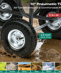 Close-up of 10 inch pneumatic tires on Garden Hose Reel Cart With 250 Ft Capacity showing all-terrain capability on different surfaces