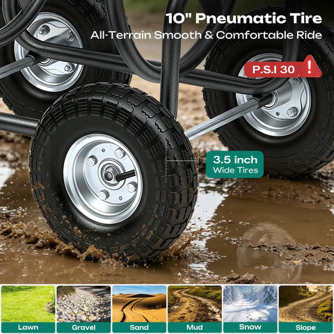 Close-up of 10 inch pneumatic tires on Garden Hose Reel Cart With 250 Ft Capacity showing all-terrain capability on different surfaces
