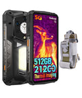 Armor 29 Pro Thermal 5G Rugged Phone With Dual 6.67 Inch AMOLED Dual Screen, 64MP, 50MP, And 50MP Triple Camera, Massive 21200mAh Battery With 120W Fast Charge, 32GB RAM And 512GB/2TB Storage, MTK Dimensity 7400, Android 15, Widevine L1, 1000LM LED Light, front and back view with holster